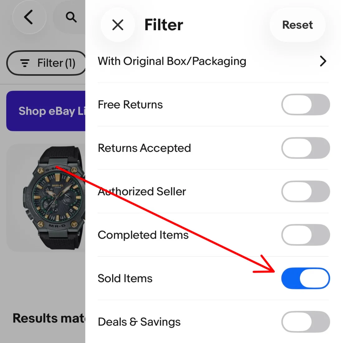 eBay search filters with Sold Items turned on